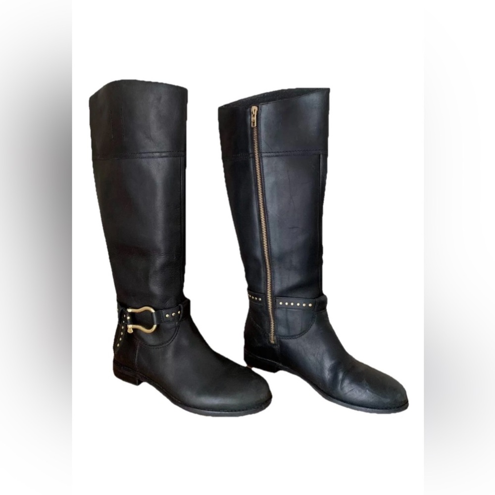 New Sperry Top-Sider Tall Black Leather Boots Equestrian Theme Gold Studded 6.5M